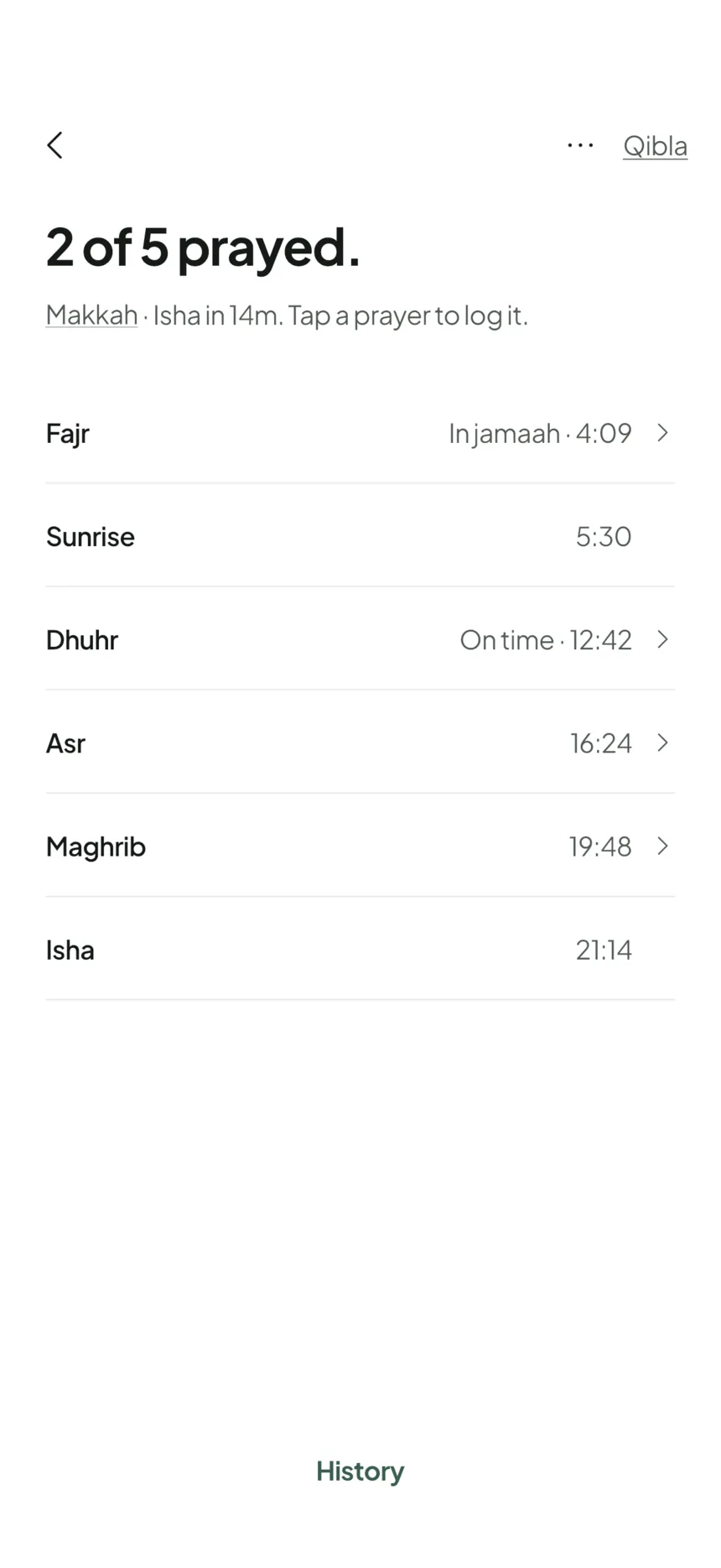 Prayer times for Makkah, titled “2 of 5 prayed.”: Fajr logged in jamaah at 4:09, Sunrise 5:30, Dhuhr on time at 12:42, then Asr, Maghrib and Isha still to come, with Qibla and History links.