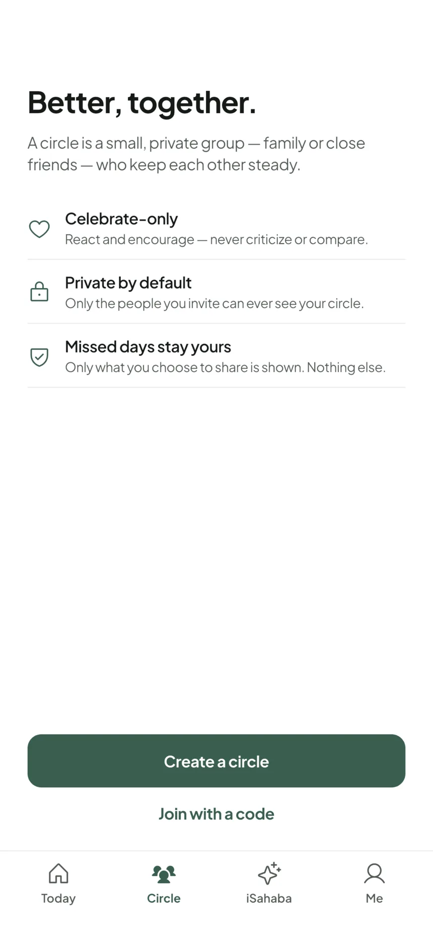 The Circle tab, titled “Better, together.”: a circle is a small, private group who keep each other steady — celebrate-only, private by default, missed days stay yours — with Create a circle and Join with a code.